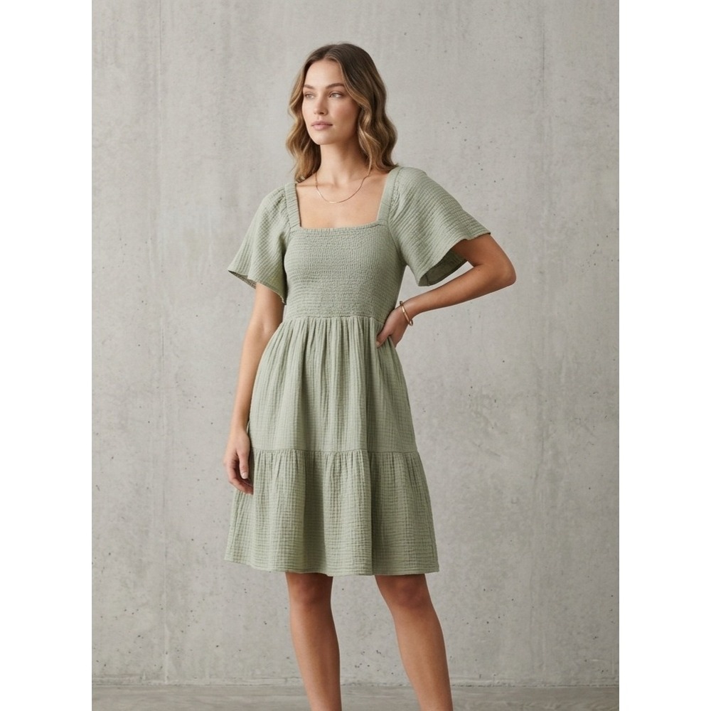 Madewell Smocked Gauze Tie-Back Flutter Sleeve Mini Dress Sage Green S